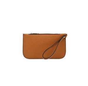 Close-up of tan lychee grain leather wristlet pouch with zipper and strap detail