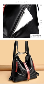 Détail de la texture du cuir de vachette et poche intérieure du sac à dos pour femmes