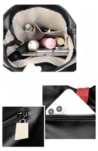 Vue détaillée du sac en PU noir avec compartiments internes et poche arrière zippée