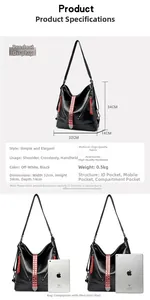 Dimensions détaillées du sac 32x34x14cm avec rivets noirs et comparaison de taille iPad