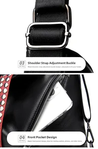 Détails de la boucle réglable et poche avant avec clous sur ce sac en cuir noir