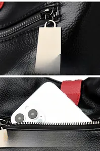 Détails des fermetures éclair argentées et poche antivol sur le sac en cuir noir texturé