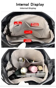 Vue interne du sac à dos tendance en PU avec compartiments et doublure à chevrons