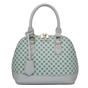 Mint green shell bag with clover print and grey leather handles on white background