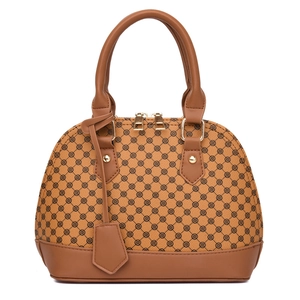 Classic shell-shaped Boston bag with clover print and brown leather handles in front view
