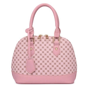 Pink shell handbag with clover geometric print and dual handles on white background