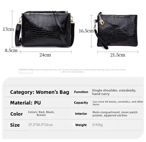Detailed size chart of black crocodile-pattern PU leather handbag and small pouch