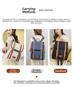 Versatile nylon backpack showing three-way carrying methods: shoulder, back, and handbag