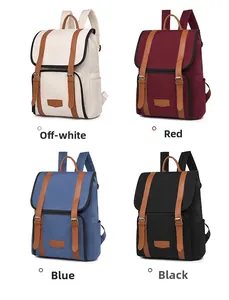 Detailed comparison of vintage backpacks in white, red, blue, and black fabric options