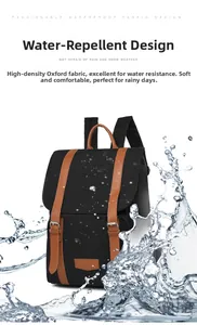 Waterproof black oxford backpack with brown leather trim and splash effect demonstration