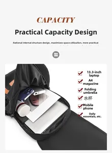 Internal capacity of the black backpack showing storage for 13.3 inch laptop and A4 magazine