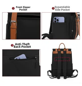 Black functional backpack detail showing front zipper, side pockets, and anti-theft back bag