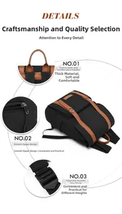 Close-up of black backpack featuring brown leather straps and metal buckle detailing