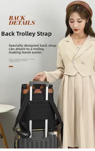 Detailed back view of a black backpack showing a brown leather luggage strap for travel