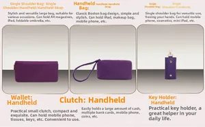 Detail view of purple nylon handbag set including wallet and pouch for iPad and A4