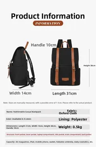 Detailed size chart and technical specifications for lightweight Oxford fabric backpack