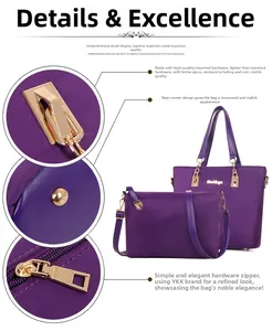 Detail view of purple nylon tote set with YKK zippers and reinforced base corners