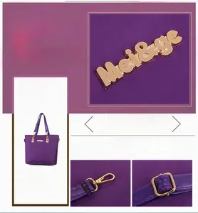 Detailed close-up of premium gold-tone metal hardware and logo on a purple nylon tote bag