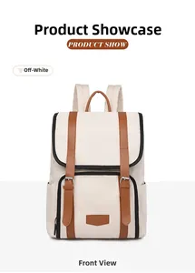 Detailed front view of a beige canvas backpack with brown PU leather trim and buckles