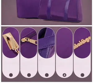 Detailed views of purple nylon bag featuring gold hardware and reinforced stitching details