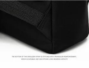 Detail showing reinforced triangle stitching on heavy duty nylon backpack shoulder strap