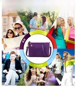 Purple nylon crossbody bag shown in various lifestyle scenarios like travel and dating