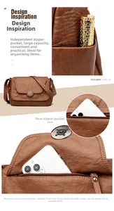 Detail of brown soft leather bag showing ring buckle and internal zipper pockets