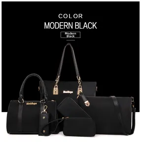 Detailed view of 6-piece modern black nylon handbag set with gold hardware accessories
