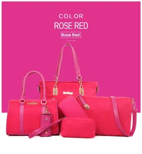 Detailed six-piece rose red nylon handbag set including tote and crossbody bags
