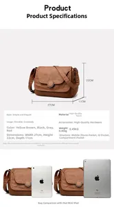 Detail view of vintage brown leather handbag showing size specs 27x22x11cm and texture