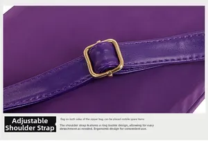Detail of adjustable purple strap with premium golden metal buckle and smooth texture