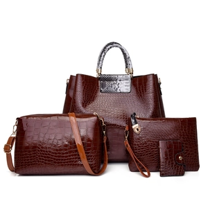 Dark brown faux crocodile 4-piece handbag set with snakeskin texture handles