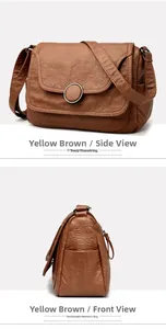 Detailed views of yellow-brown vintage wrinkled leather shoulder bag with silver clasp