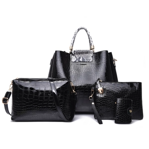 4-piece black faux leather handbag set with embossed crocodile texture and gold hardware