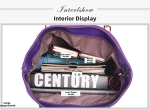 Interior view of purple nylon tote bag showing spacious main pocket and compartments