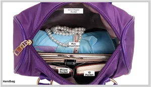 Detailed interior of purple nylon handbag showing large capacity and multi-pocket layout