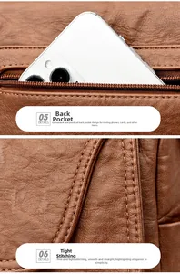 Close-up of brown leather bag with functional rear zipper pocket and precision stitching