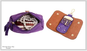 Detail of purple nylon storage pouch and leather key holder with gold metal hooks