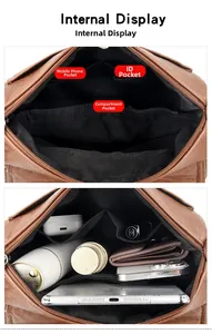 Internal display of the brown leather shoulder bag with multi-functional compartments