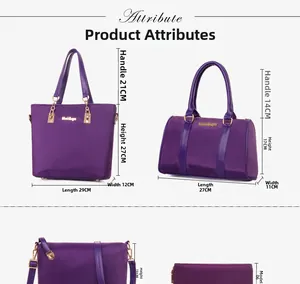 Detailed size chart for purple nylon handbag set including tote and crossbody bags