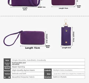 Detailed size chart for purple nylon handbag set including shoulder and crossbody bags