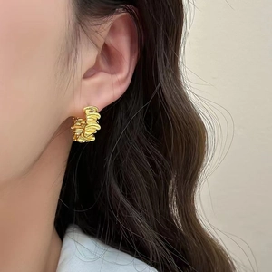 French style gold irregular wavy earrings featuring elegant wrinkled metal texture