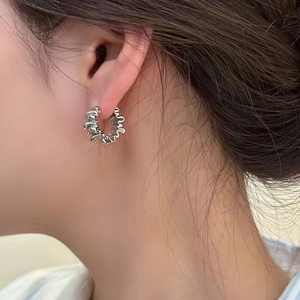 French style silver irregular wavy hoop earrings with minimalist crinkled metal texture