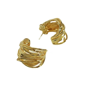 Elegant gold-plated thick braided C-shaped hoop earrings with a textured metal finish
