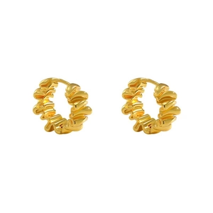 Irregular wrinkled metal hoop earrings in polished gold with wavy texture for women