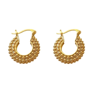 Golden beaded hoop earrings with 18K gold plating and textured round ball pattern