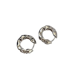 Silver geometric metal hoop earrings with elegant crumpled texture for women
