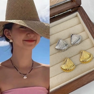 Scallop Shell Stud Earrings Copper Metal Textured Minimalist Korean Fashion Jewelry For Women