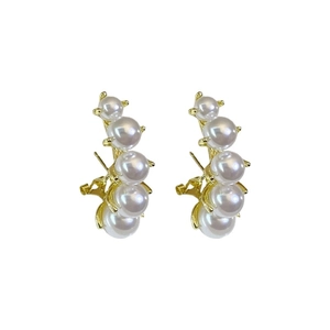 Elegant gold pearl drop earrings with five curved white pearls on a minimalist base