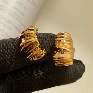 Chic gold-plated C-shape croissant earrings with textured pleated metal design for women